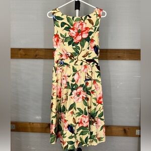 OWIN Tropical Flower Bird Print Sleeveless A-Line Midi Summer Dress‎ Sz M